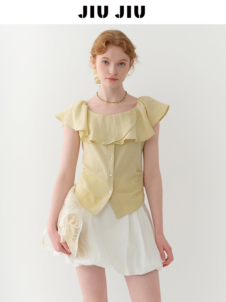 Flutter Collar Two-Way Ruched Blouse
