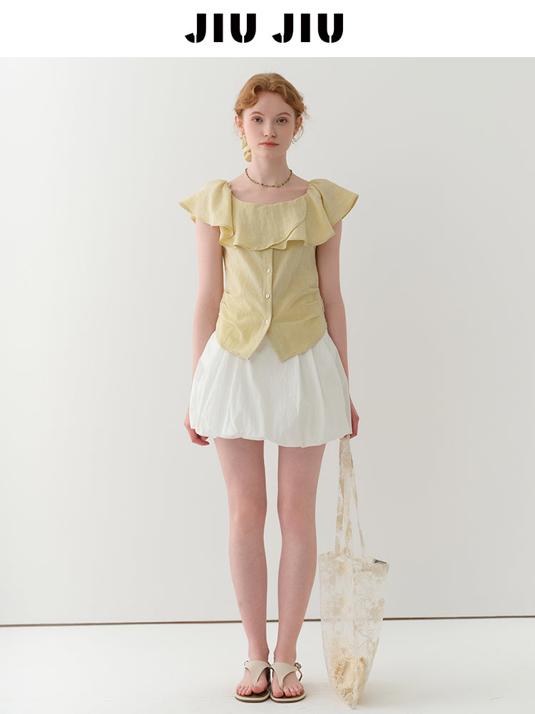 Flutter Collar Two-Way Ruched Blouse