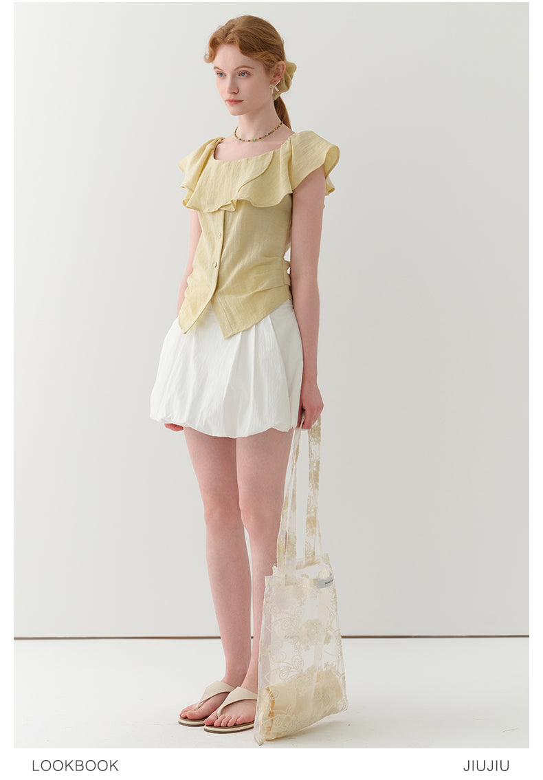 Flutter Collar Two-Way Ruched Blouse