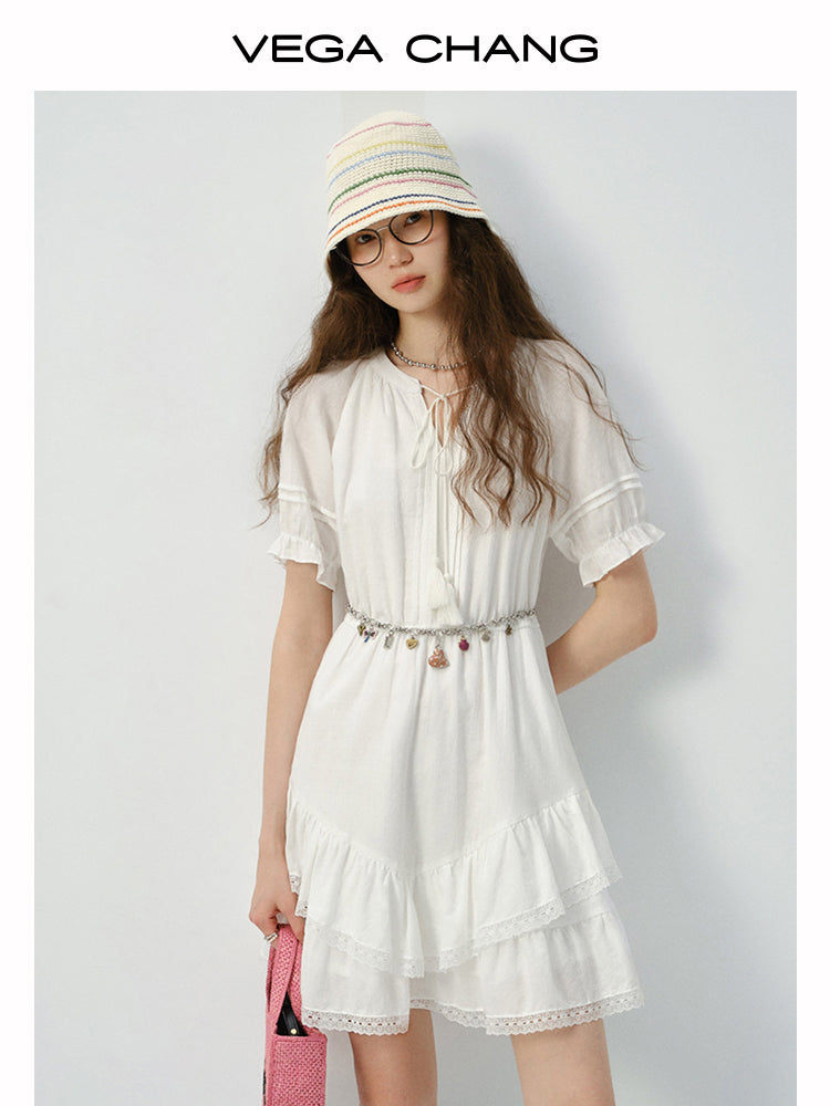 Tiered V-Hem Tie Neck Cotton Dress