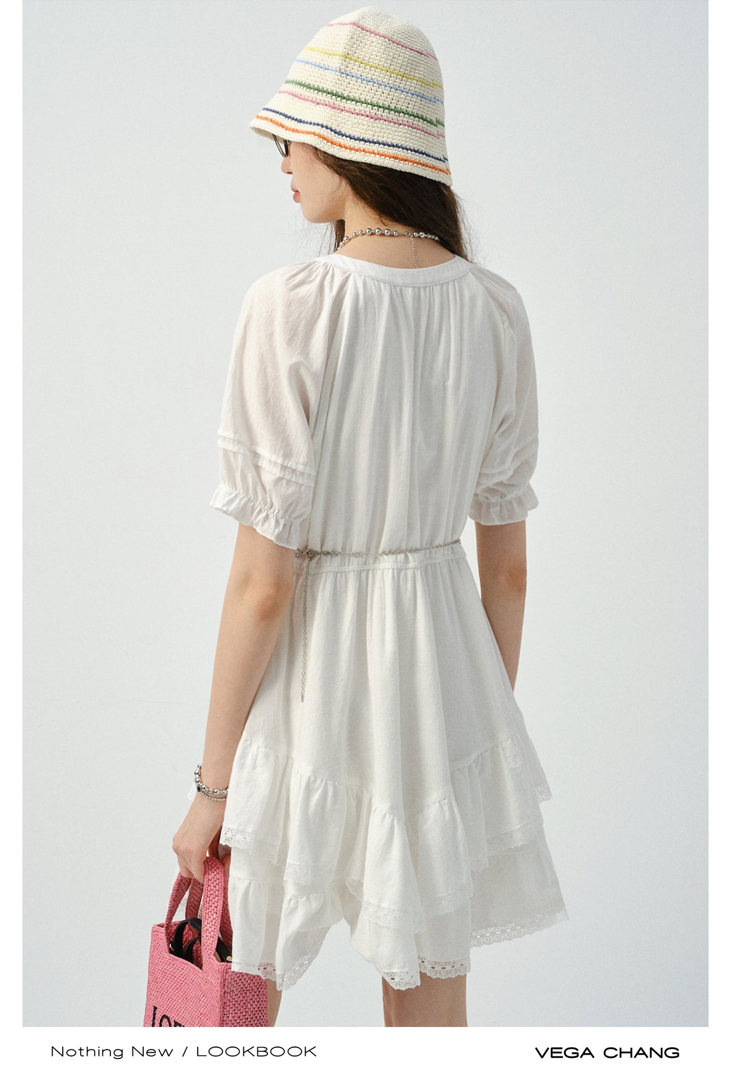 Tiered V-Hem Tie Neck Cotton Dress