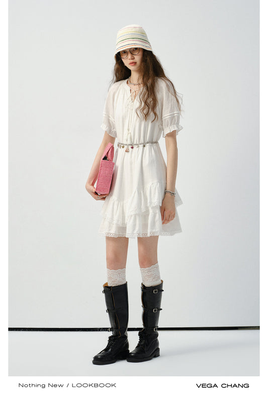 Tiered V-Hem Tie Neck Cotton Dress