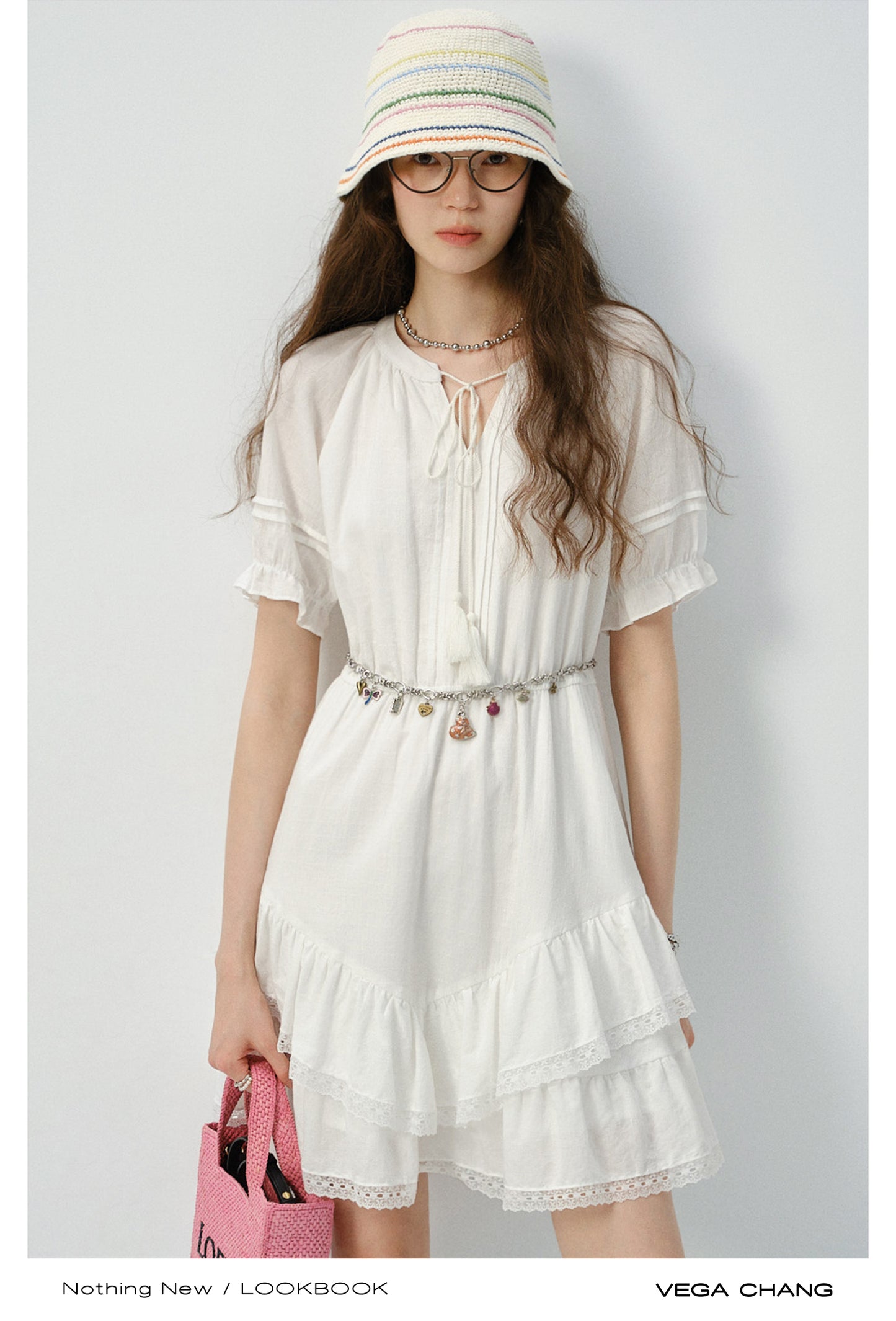 Tiered V-Hem Tie Neck Cotton Dress