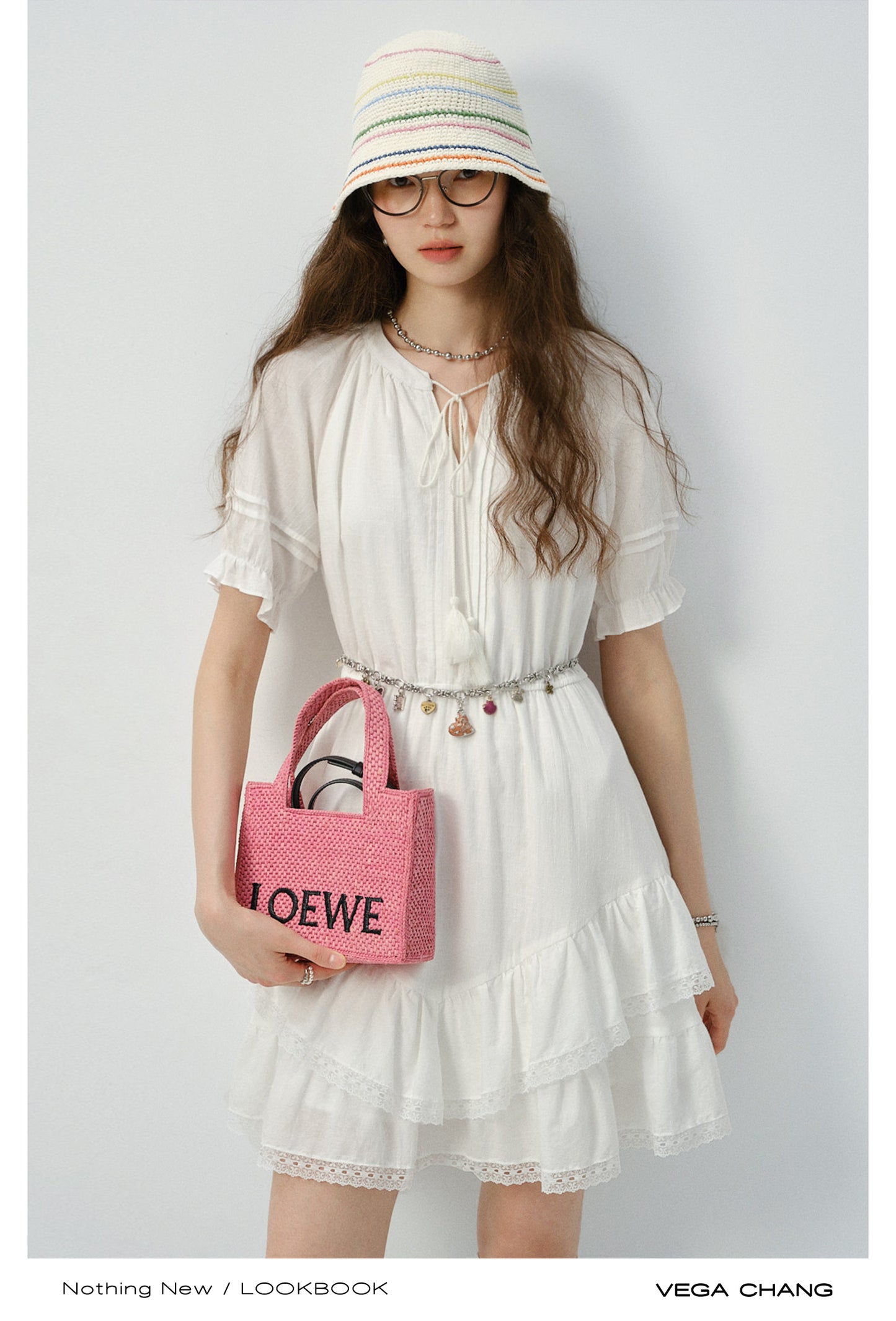 Tiered V-Hem Tie Neck Cotton Dress