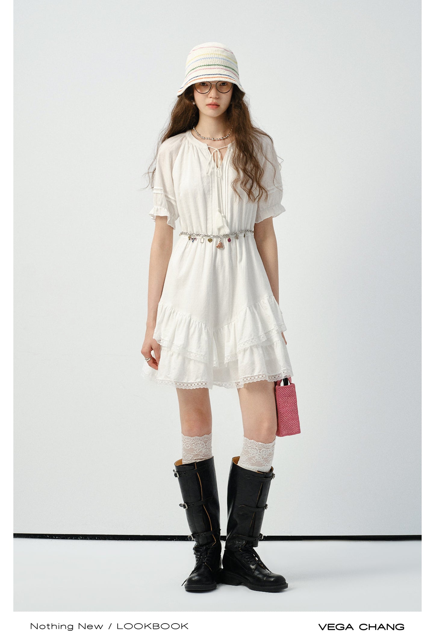 Tiered V-Hem Tie Neck Cotton Dress