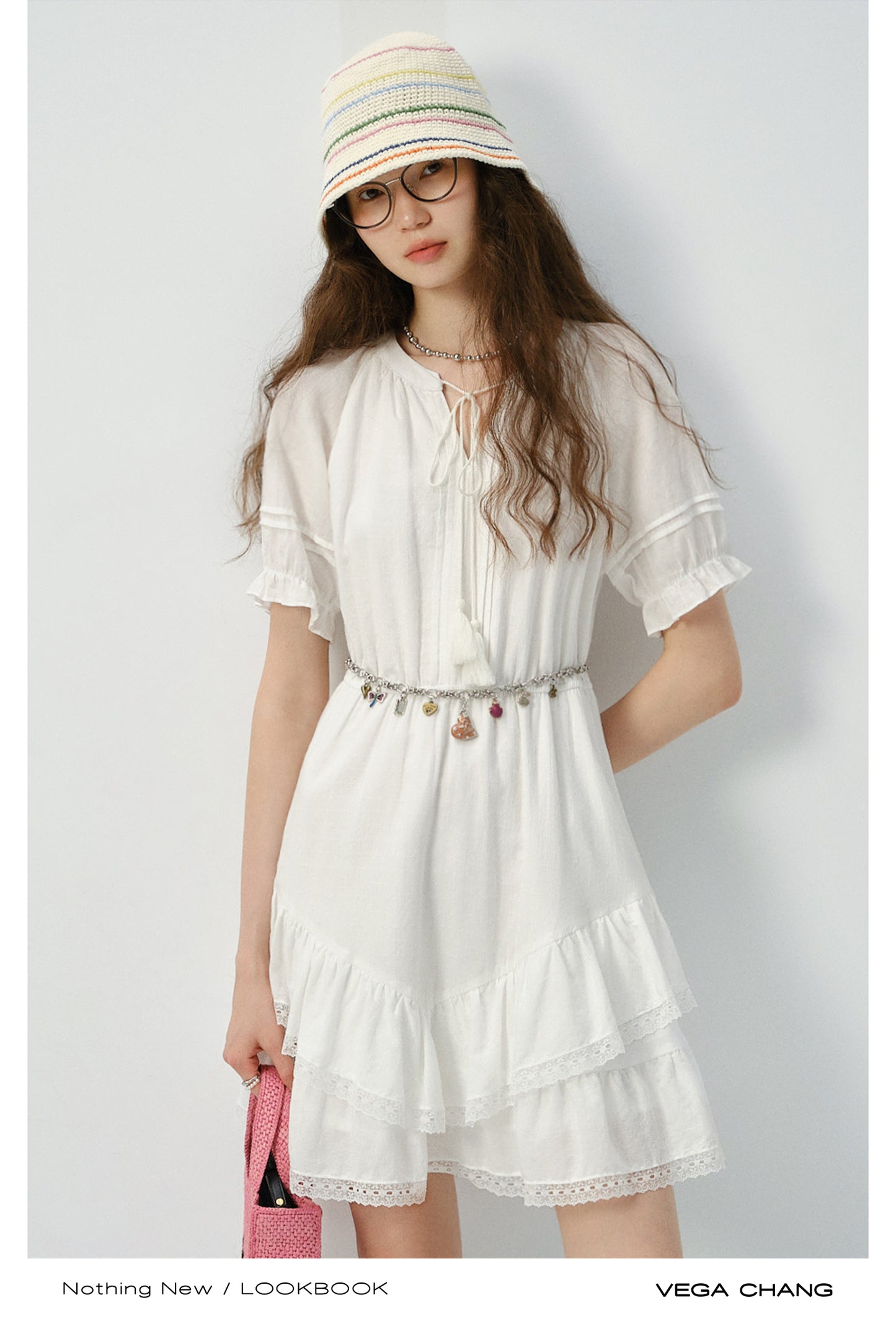 Tiered V-Hem Tie Neck Cotton Dress
