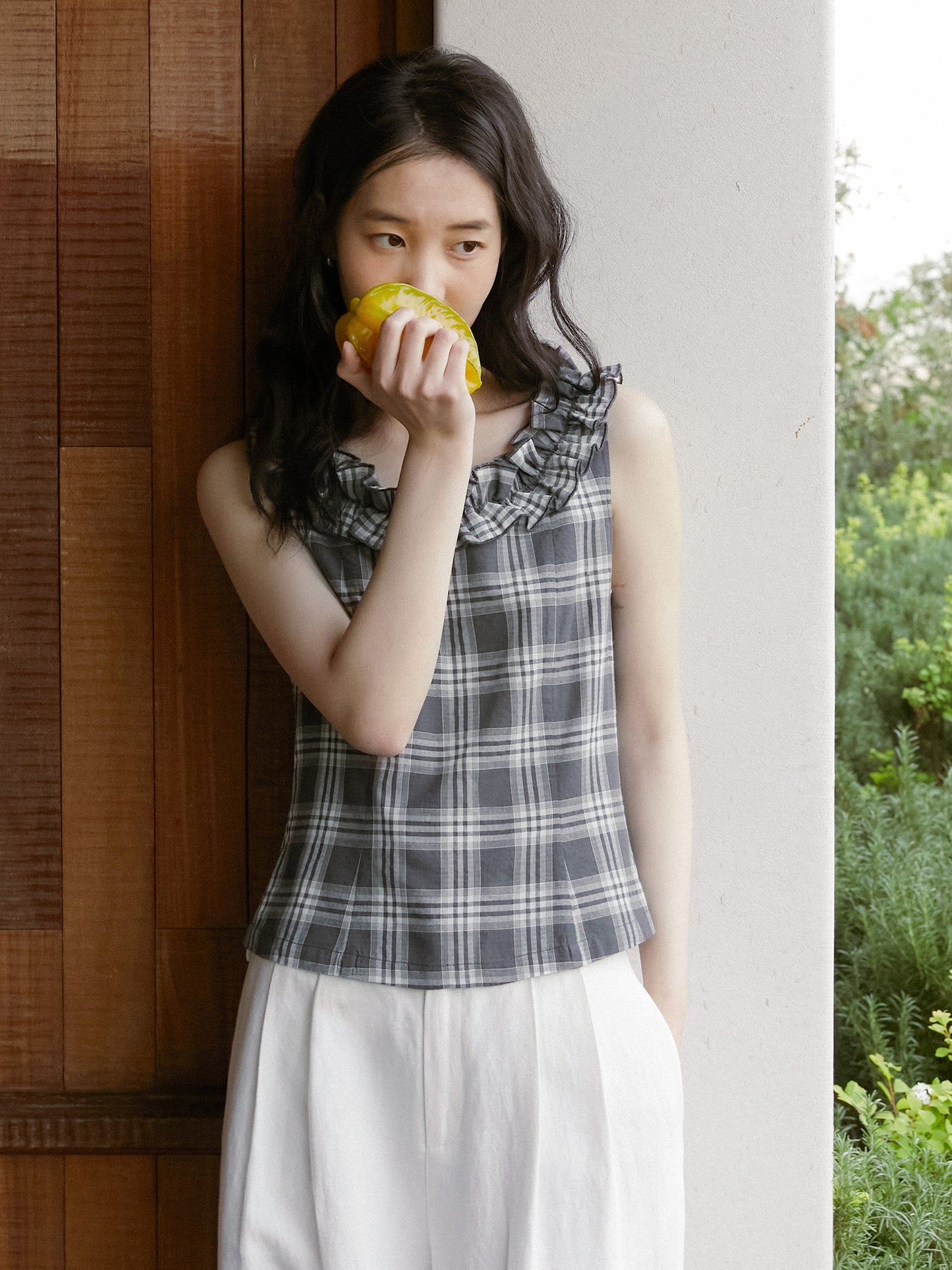 Plaid Sleeveless Top With Ruffle Neck