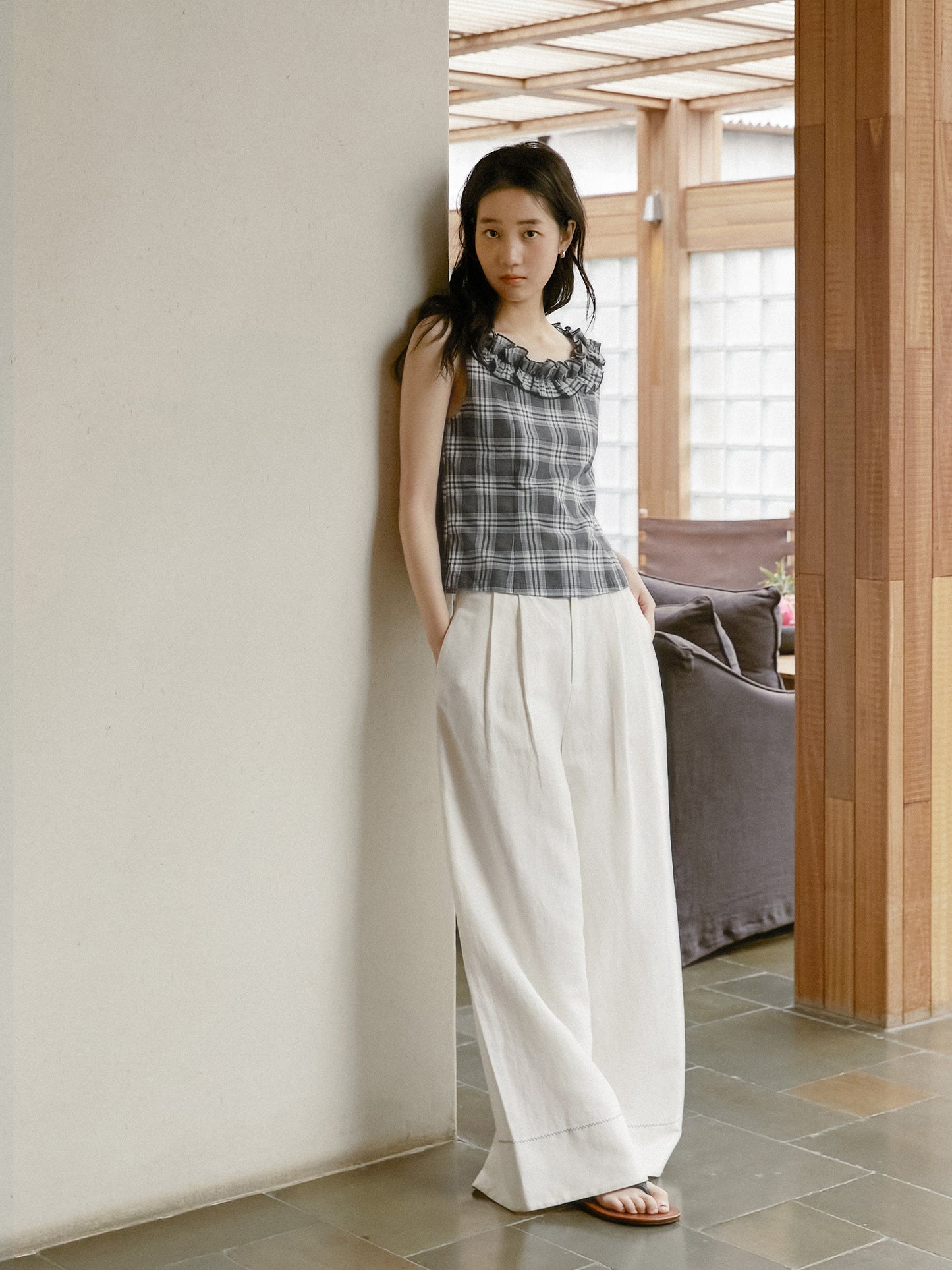 Plaid Sleeveless Top With Ruffle Neck