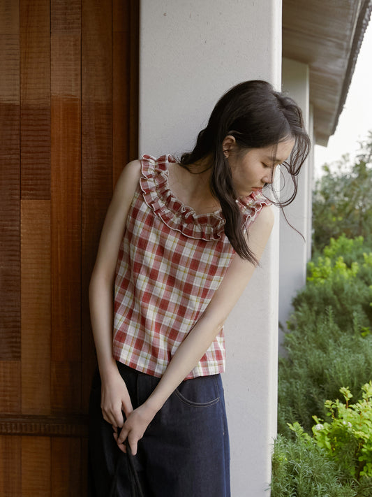 Plaid Sleeveless Top With Ruffle Neck