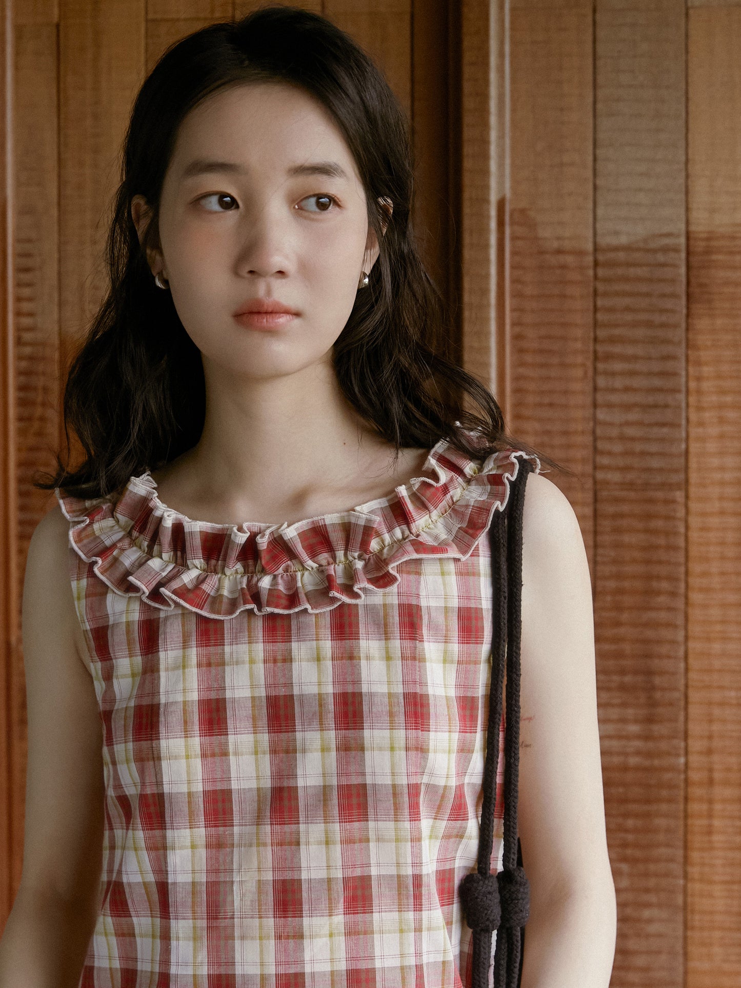 Plaid Sleeveless Top With Ruffle Neck