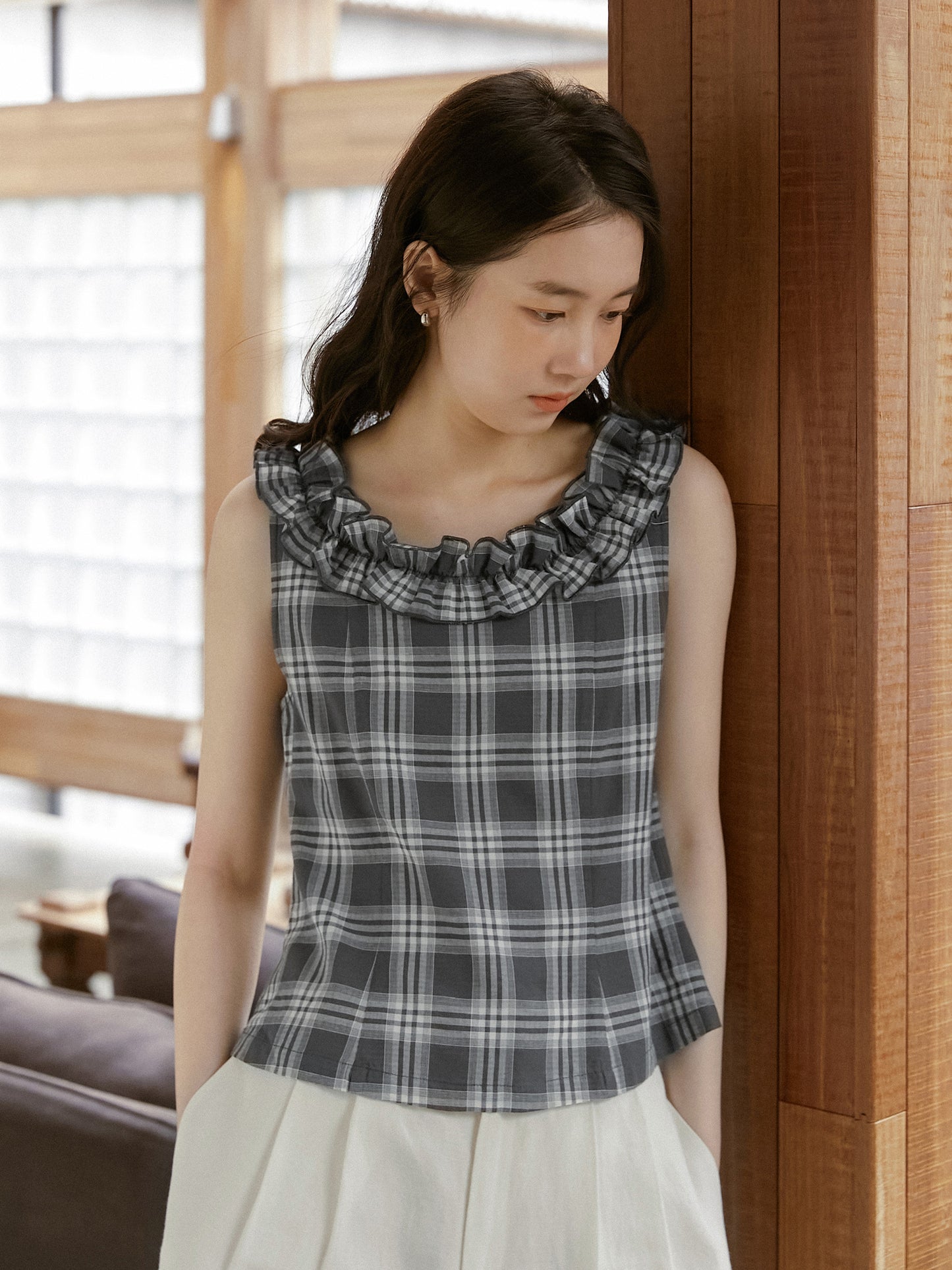 Plaid Sleeveless Top With Ruffle Neck