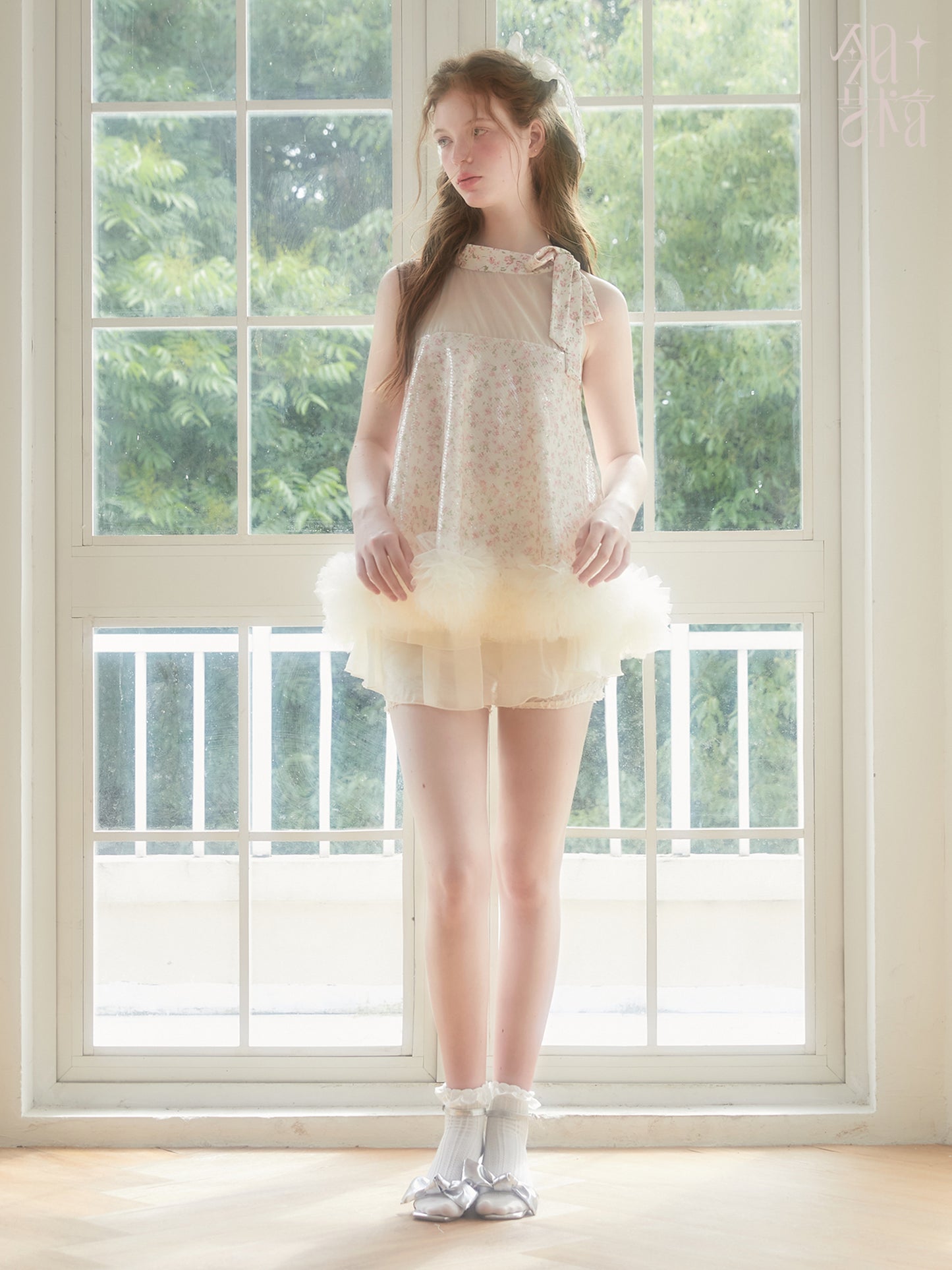 Sequin Floral Babydoll Top With Ruffled Hem