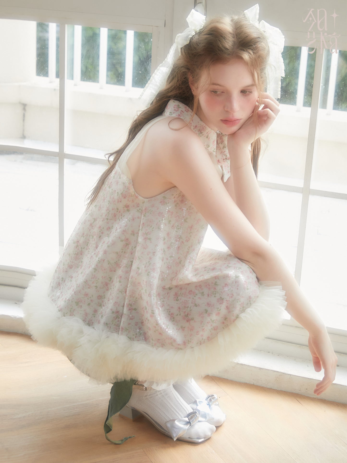 Sequin Floral Babydoll Top With Ruffled Hem