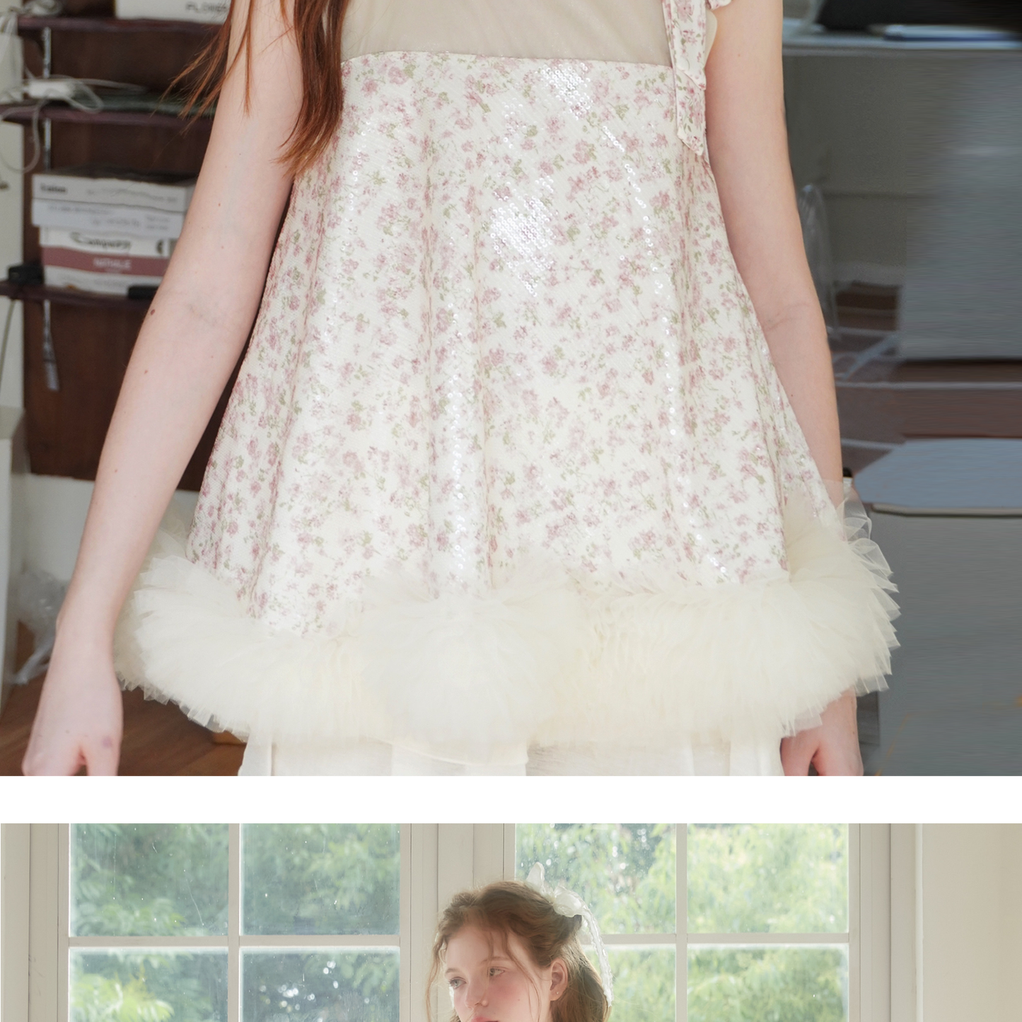 Sequin Floral Babydoll Top With Ruffled Hem