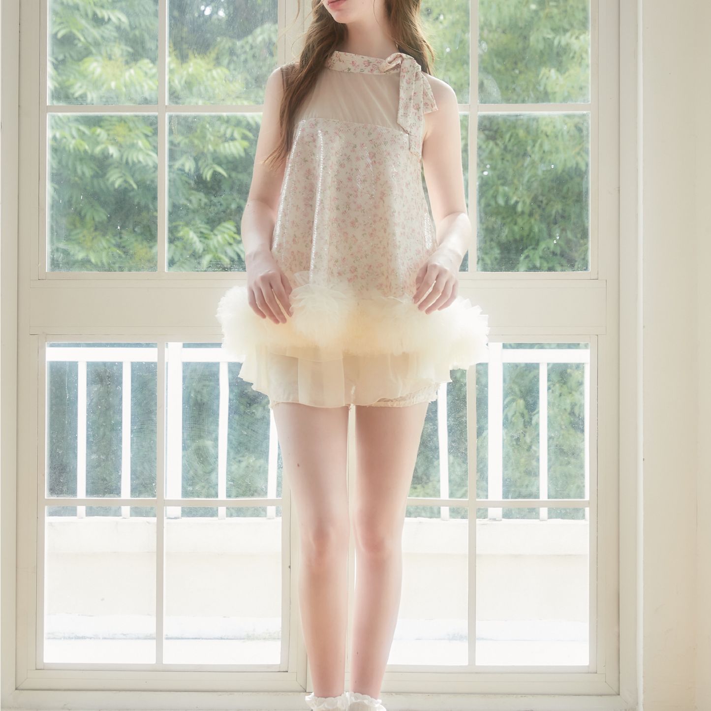 Sequin Floral Babydoll Top With Ruffled Hem