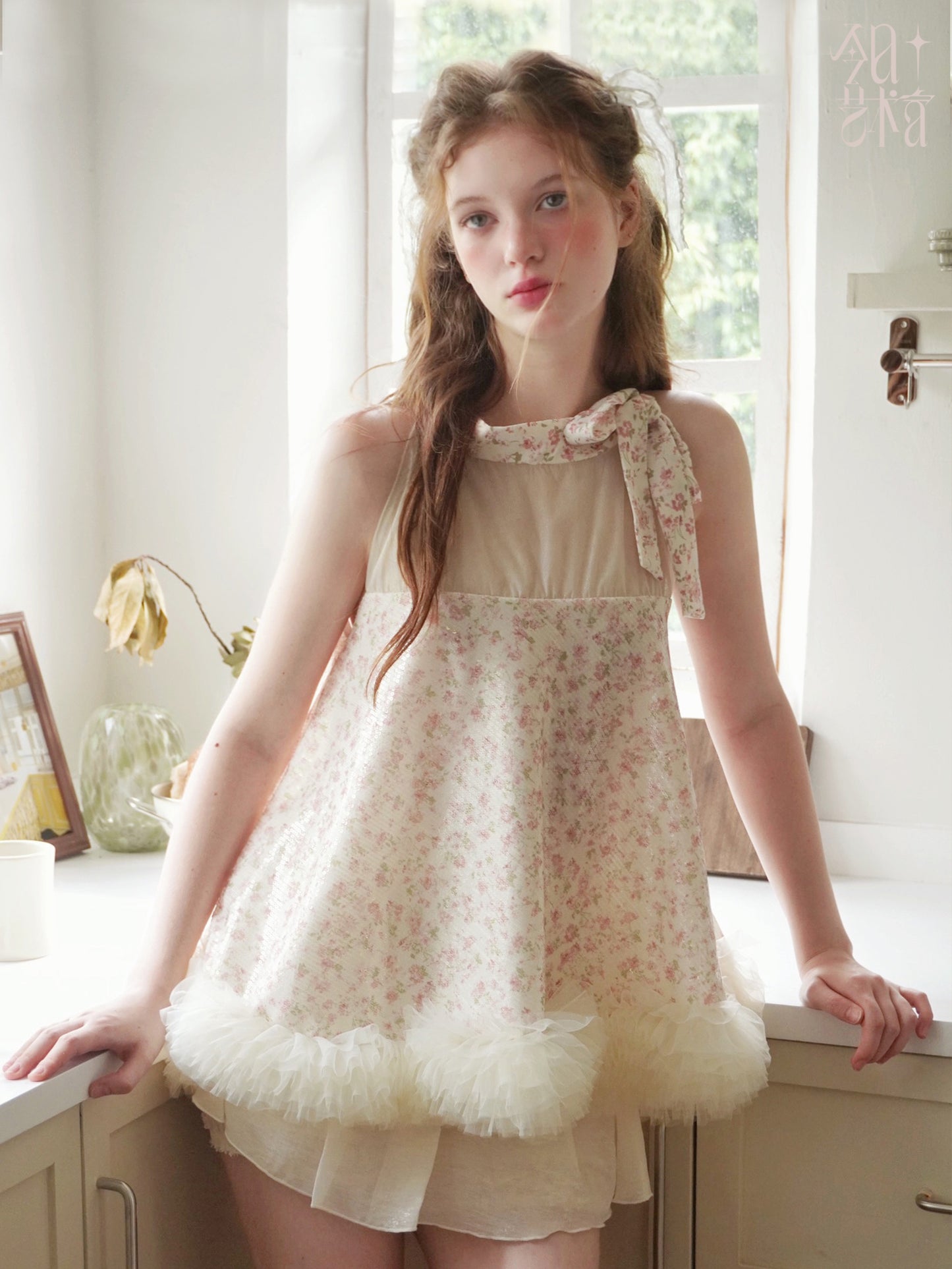 Sequin Floral Babydoll Top With Ruffled Hem