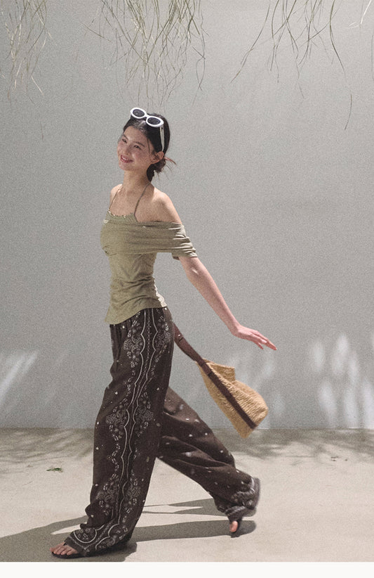 Relaxed Paisley Pants With Beaded Waist Tie