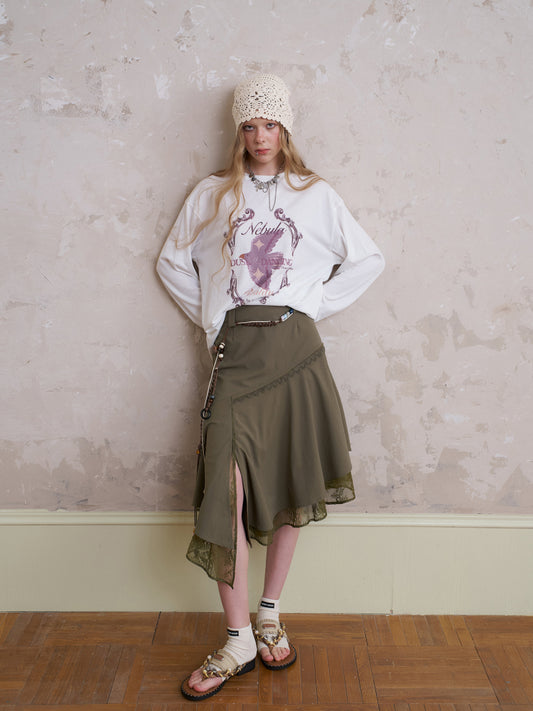 Asymmetric Lace-Layered Midi Skirt