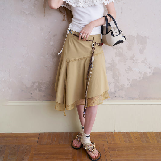 Asymmetric Lace-Layered Midi Skirt