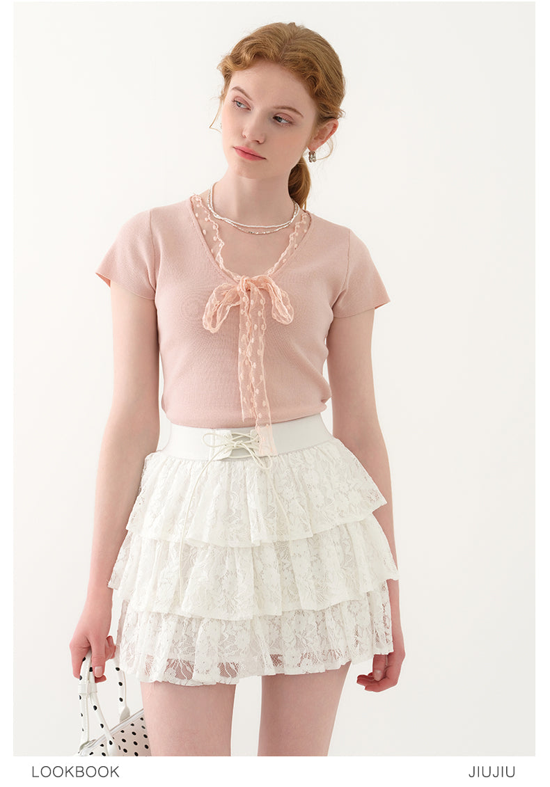 Lace Ribbon-Tie Short-Sleeve Knit Top