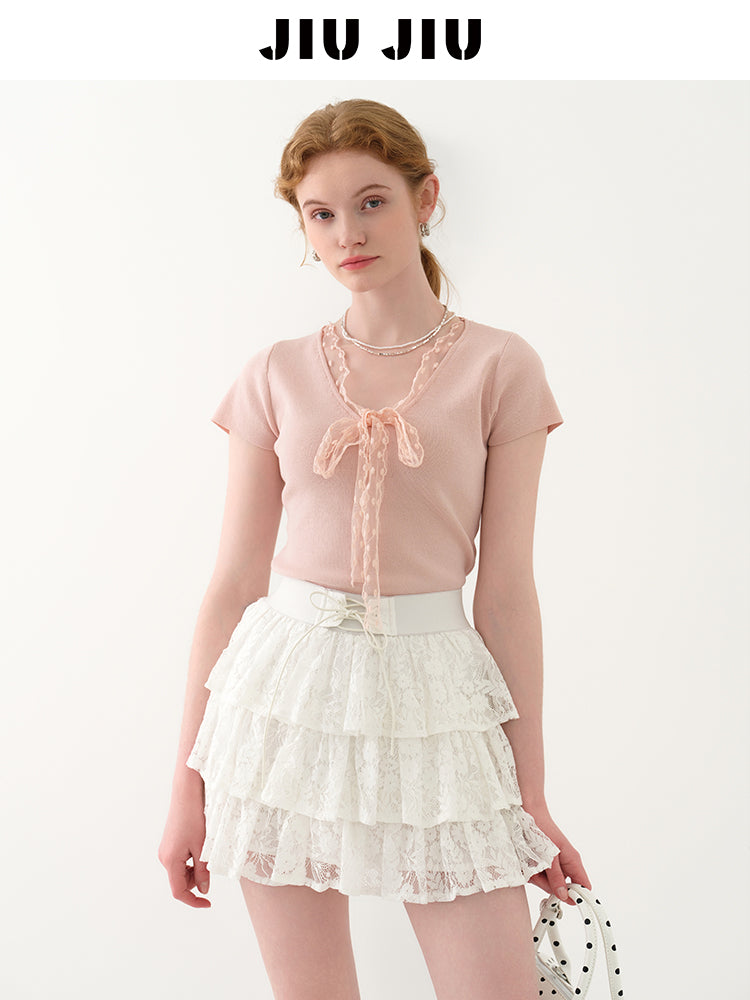 Lace Ribbon-Tie Short-Sleeve Knit Top