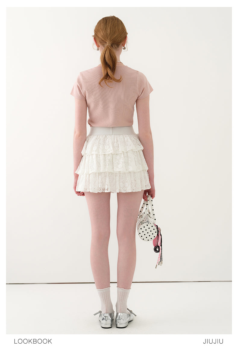 Lace Ribbon-Tie Short-Sleeve Knit Top