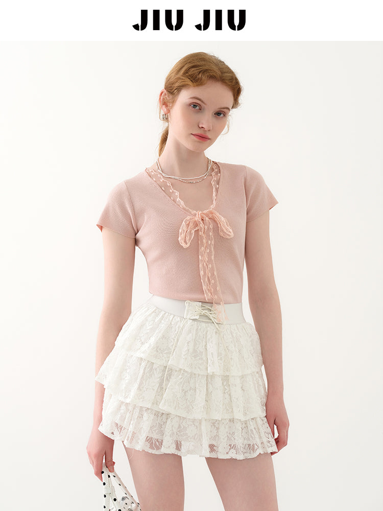 Lace Ribbon-Tie Short-Sleeve Knit Top