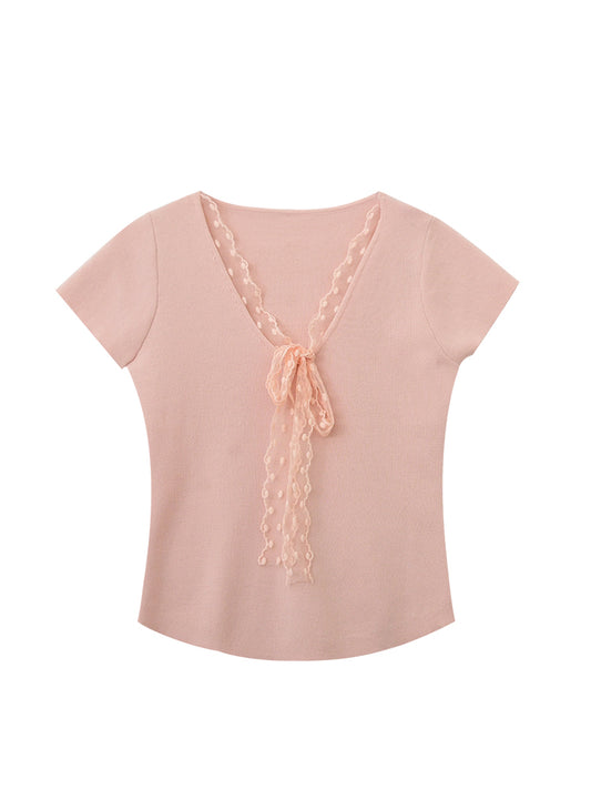 Lace Ribbon-Tie Short-Sleeve Knit Top