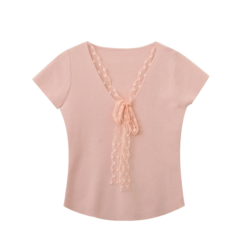 Lace Ribbon-Tie Short-Sleeve Knit Top