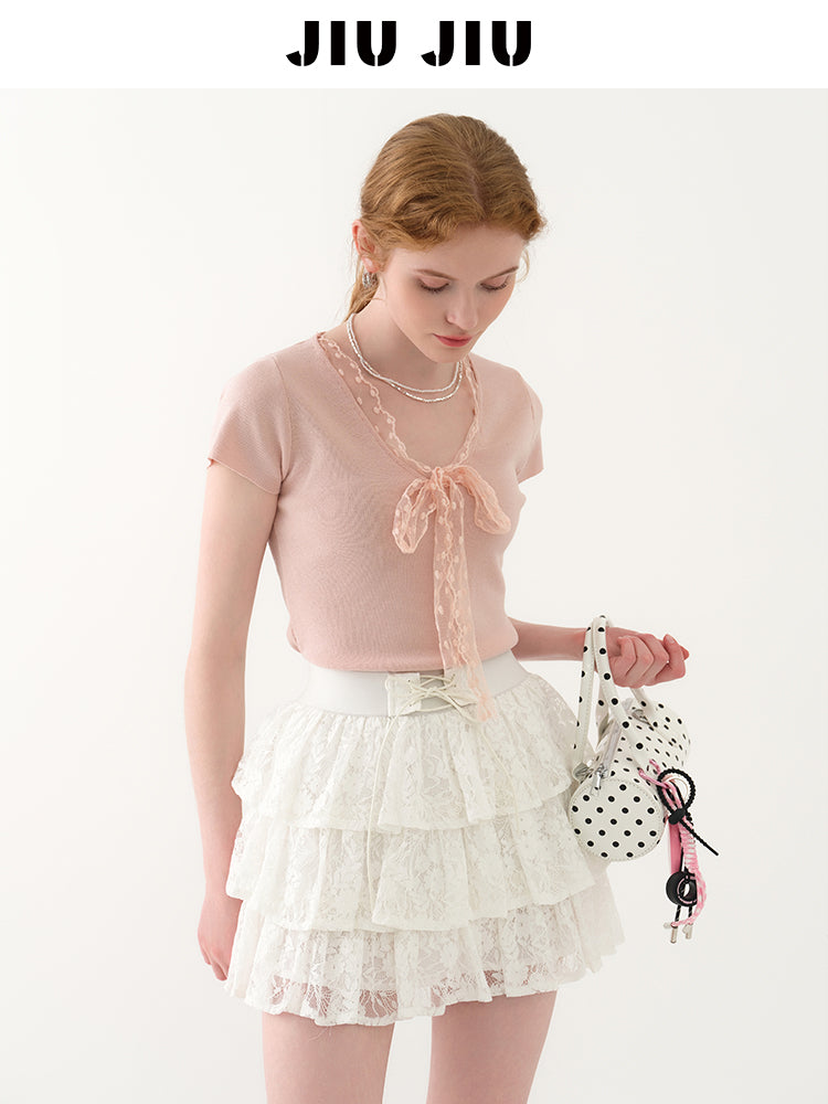 Lace Ribbon-Tie Short-Sleeve Knit Top