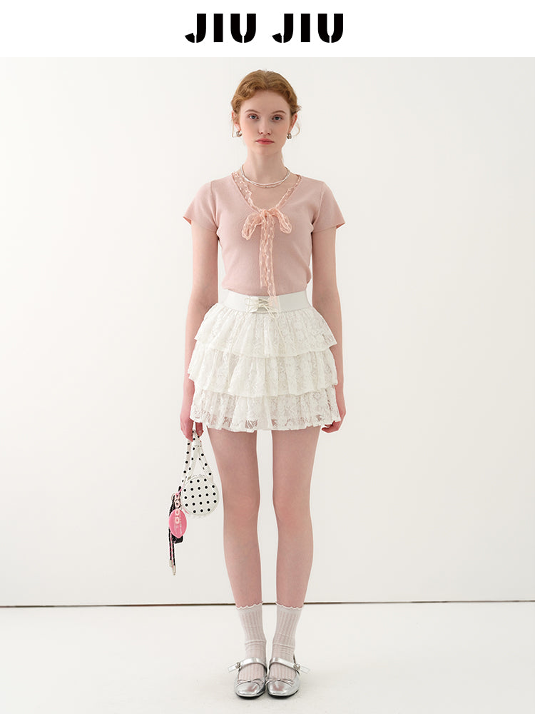 Lace Ribbon-Tie Short-Sleeve Knit Top