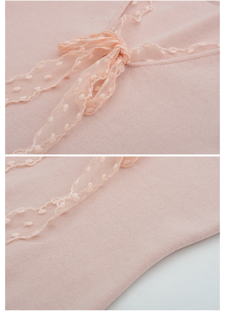 Lace Ribbon-Tie Short-Sleeve Knit Top