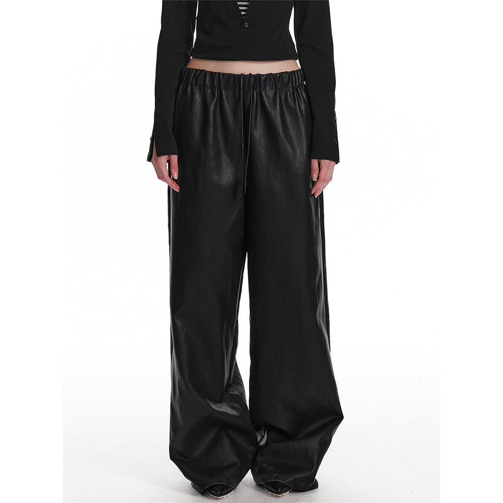 Elastic Waist Wide-Leg Faux Leather Pants