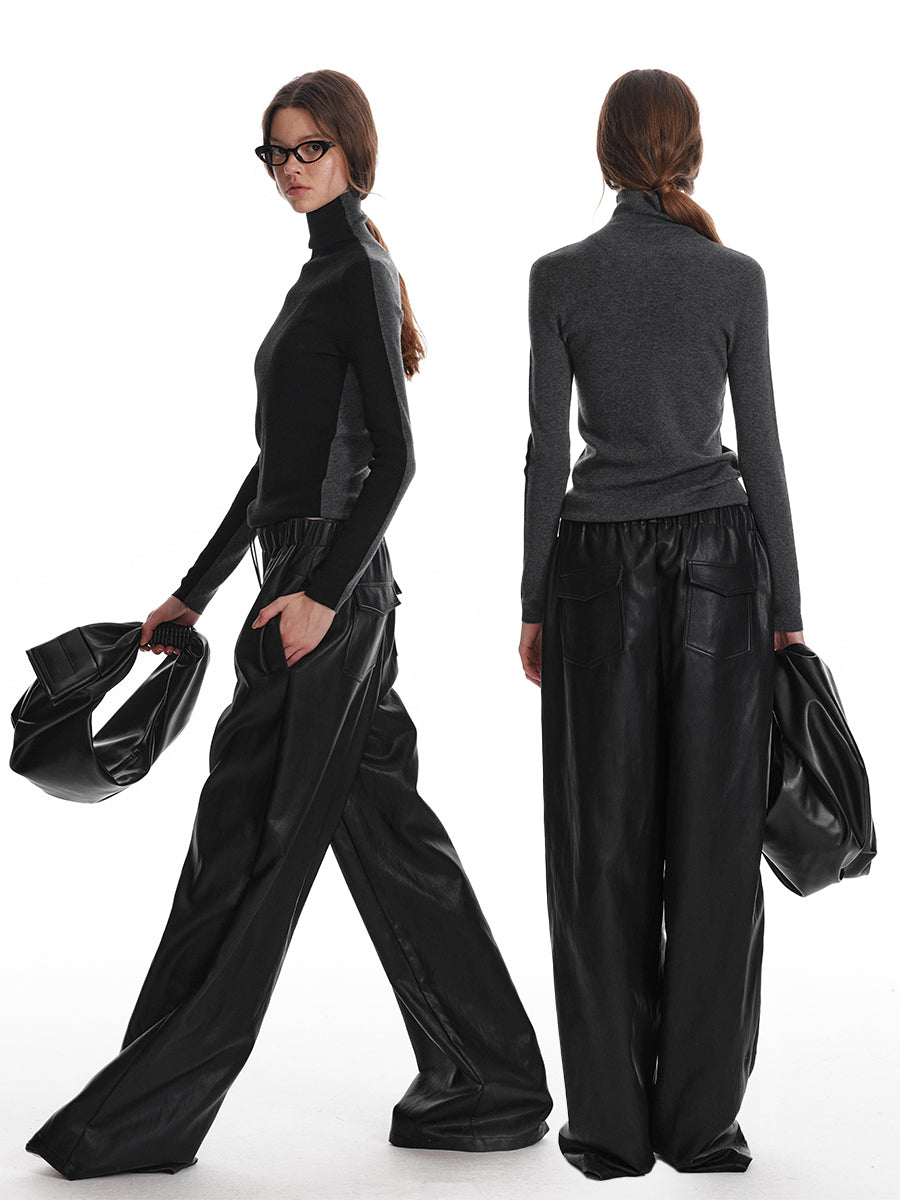 Elastic Waist Wide-Leg Faux Leather Pants