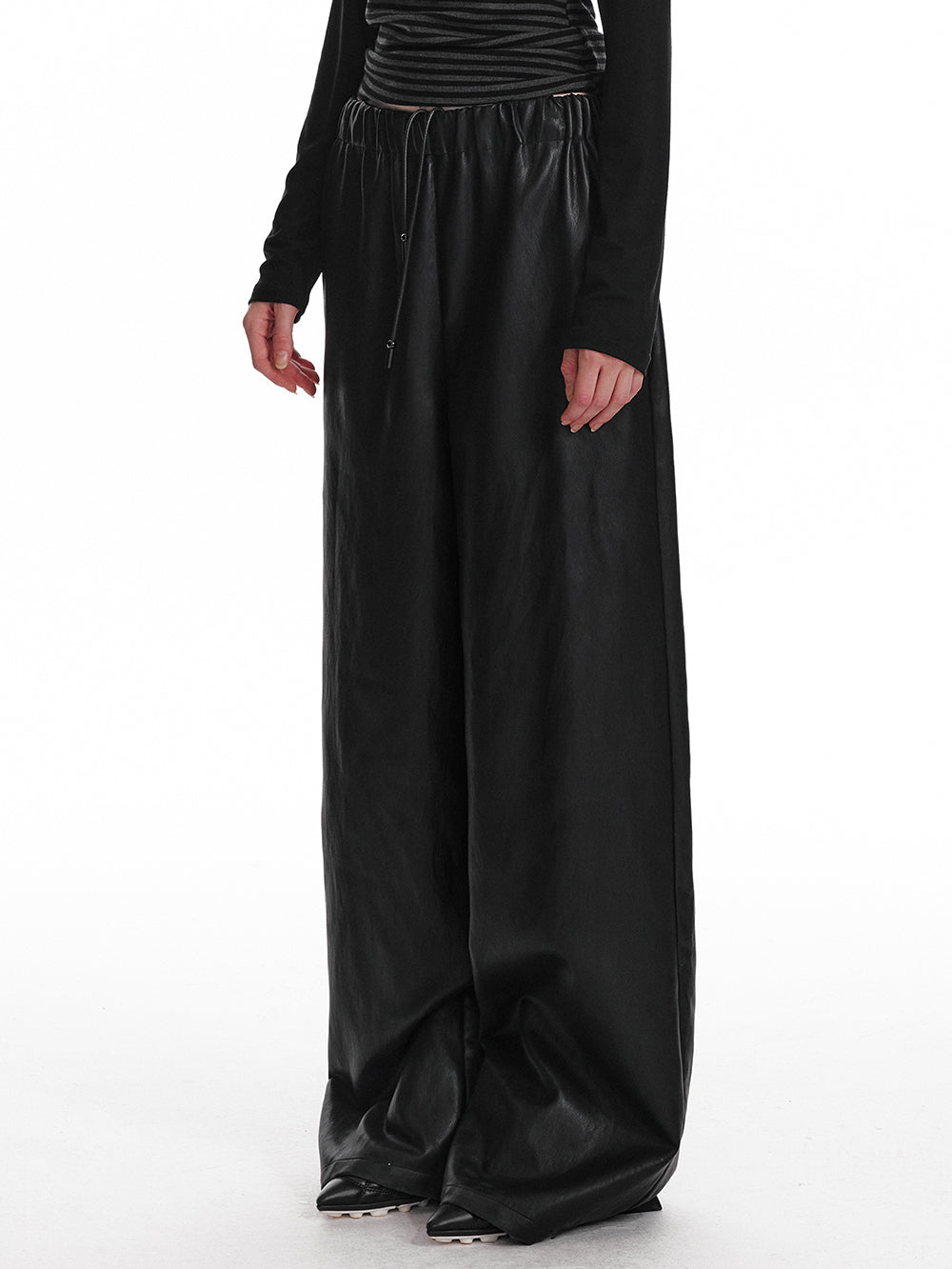 Elastic Waist Wide-Leg Faux Leather Pants