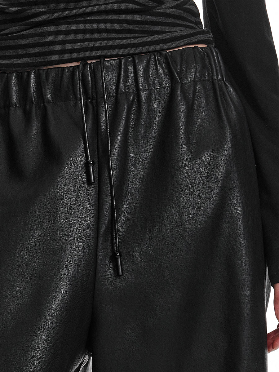 Elastic Waist Wide-Leg Faux Leather Pants