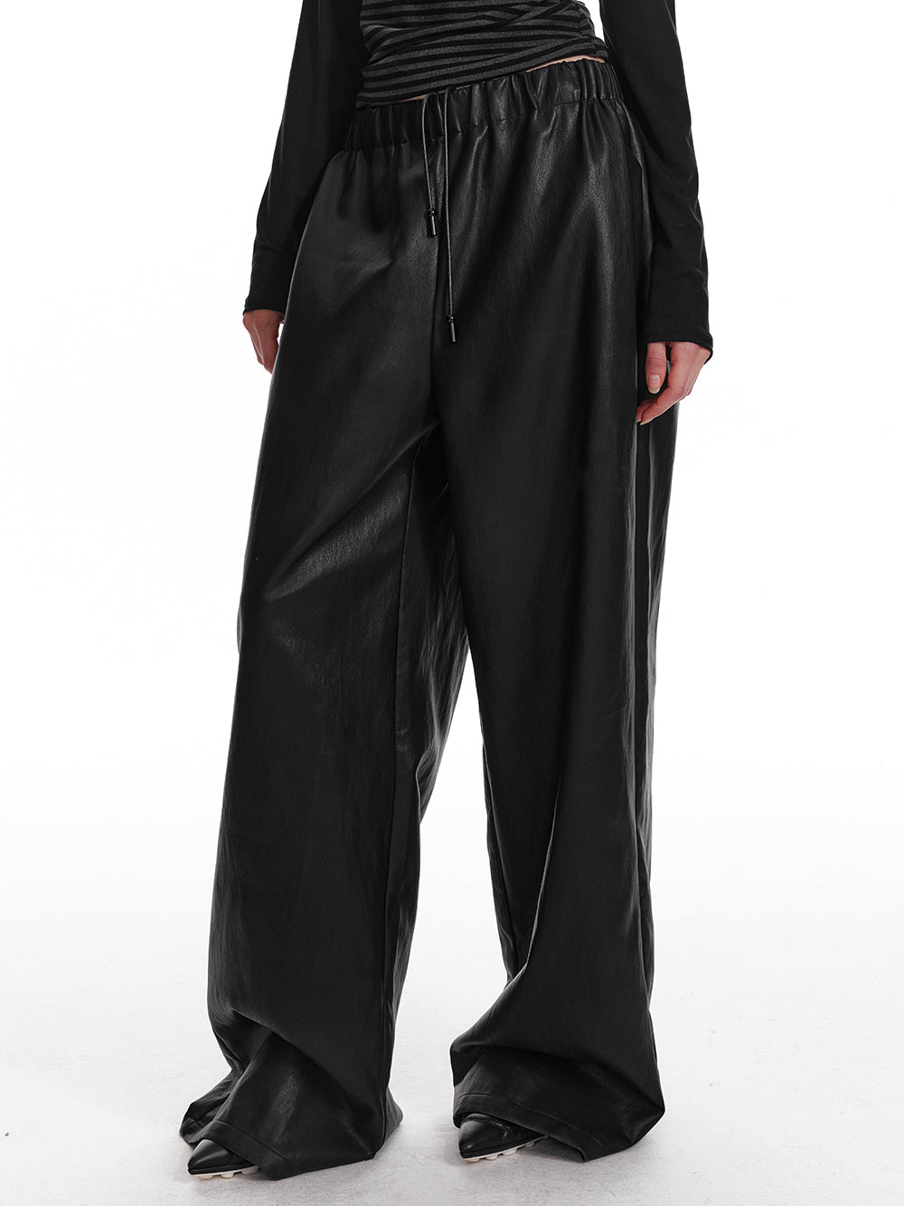 Elastic Waist Wide-Leg Faux Leather Pants