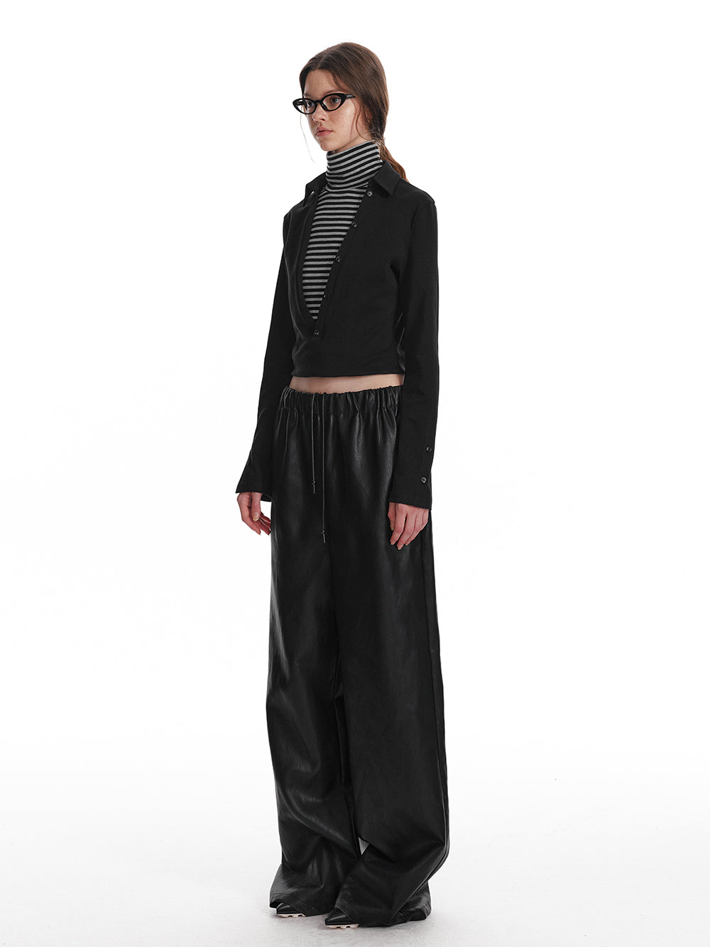 Elastic Waist Wide-Leg Faux Leather Pants