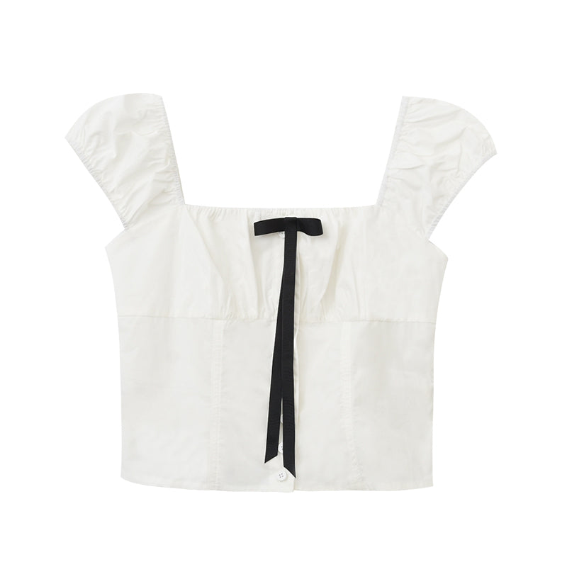 Puff-Sleeve Short Blouse With Contrast Bow