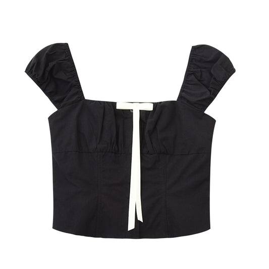 Puff-Sleeve Short Blouse With Contrast Bow