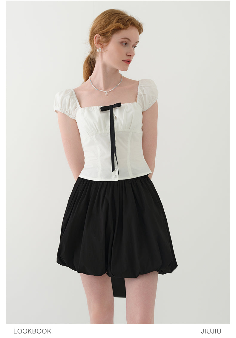 Puff-Sleeve Short Blouse With Contrast Bow