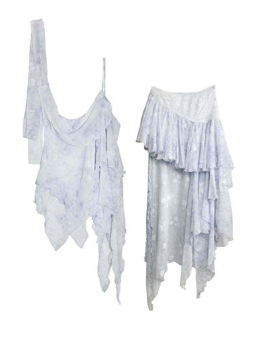 Asymmetrical Floral Ruffled Top & Matching Skirt