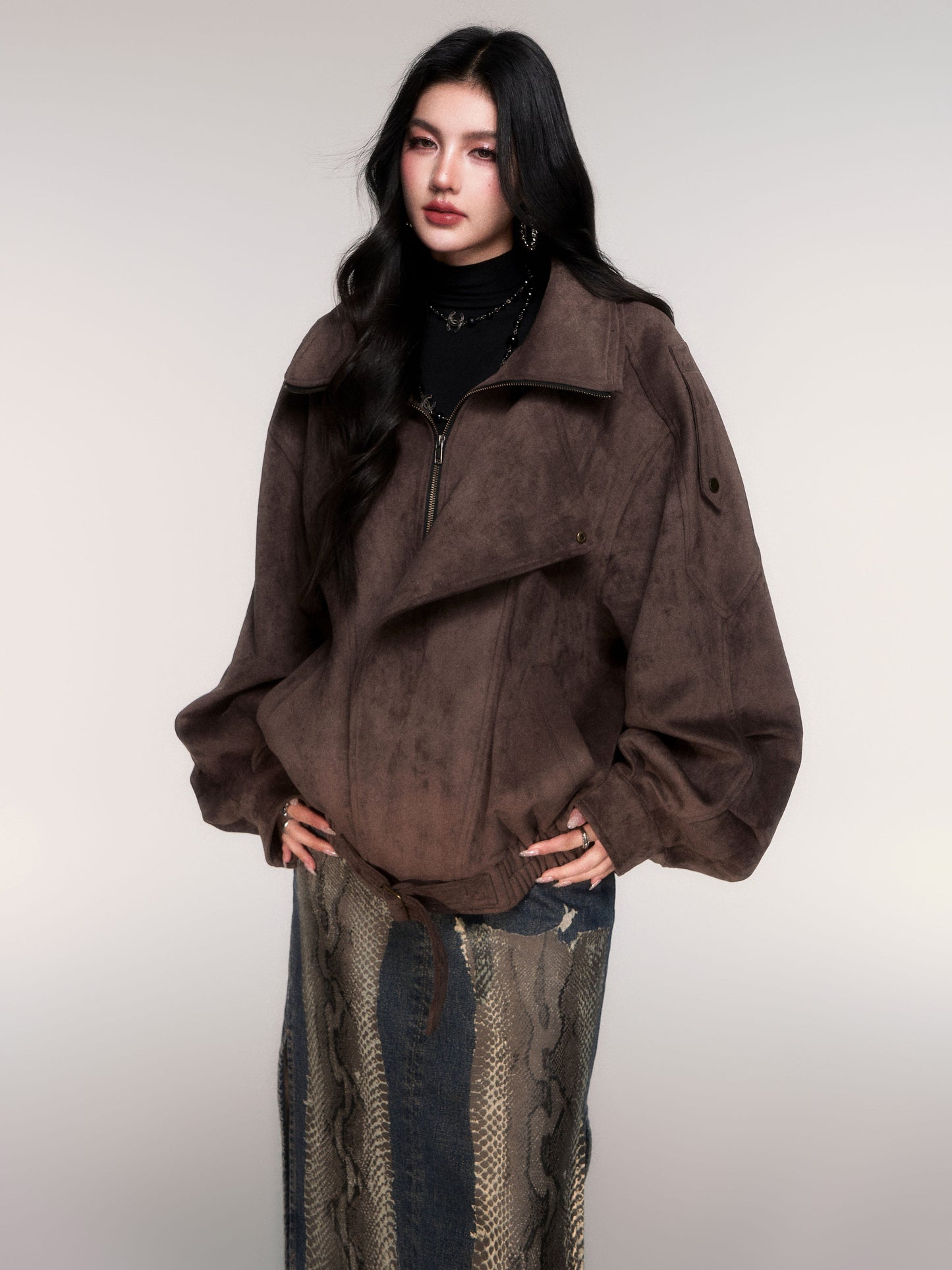 Oversized Faux Suede Zip-Up Jacket