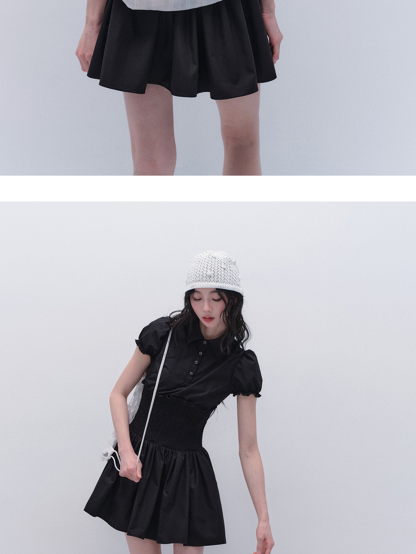 Smocked Waist Puff Sleeve Airy Shirt Dress