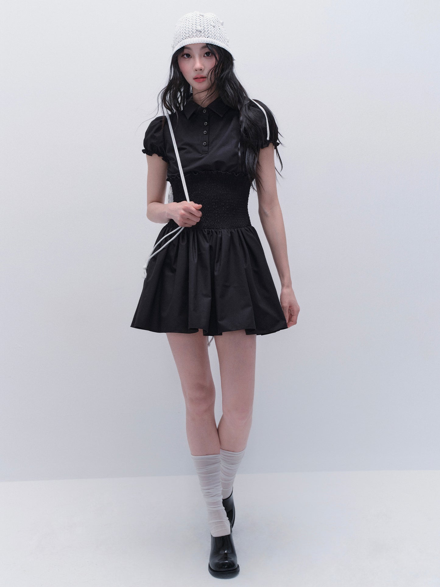 Smocked Waist Puff Sleeve Airy Shirt Dress