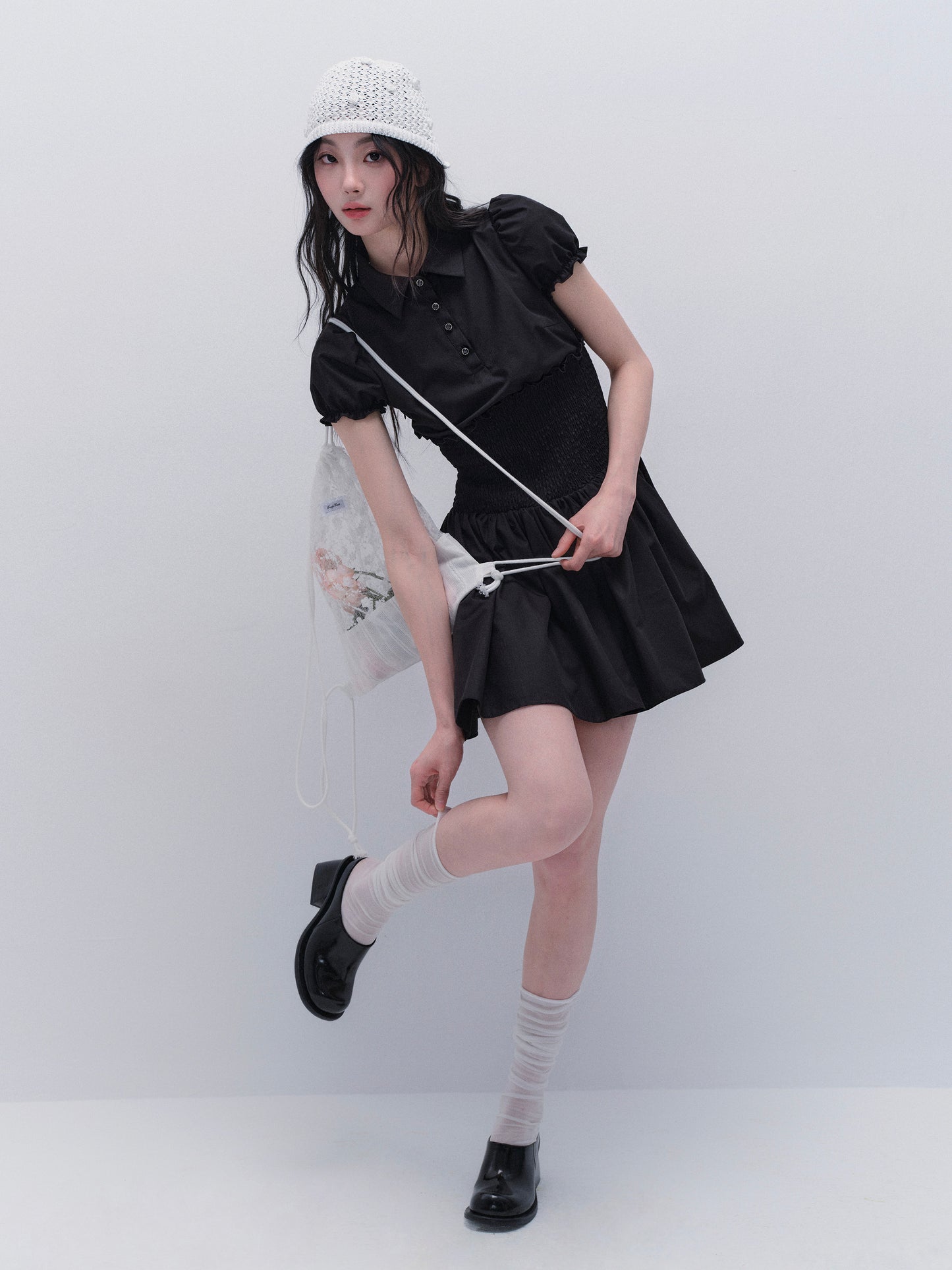 Smocked Waist Puff Sleeve Airy Shirt Dress