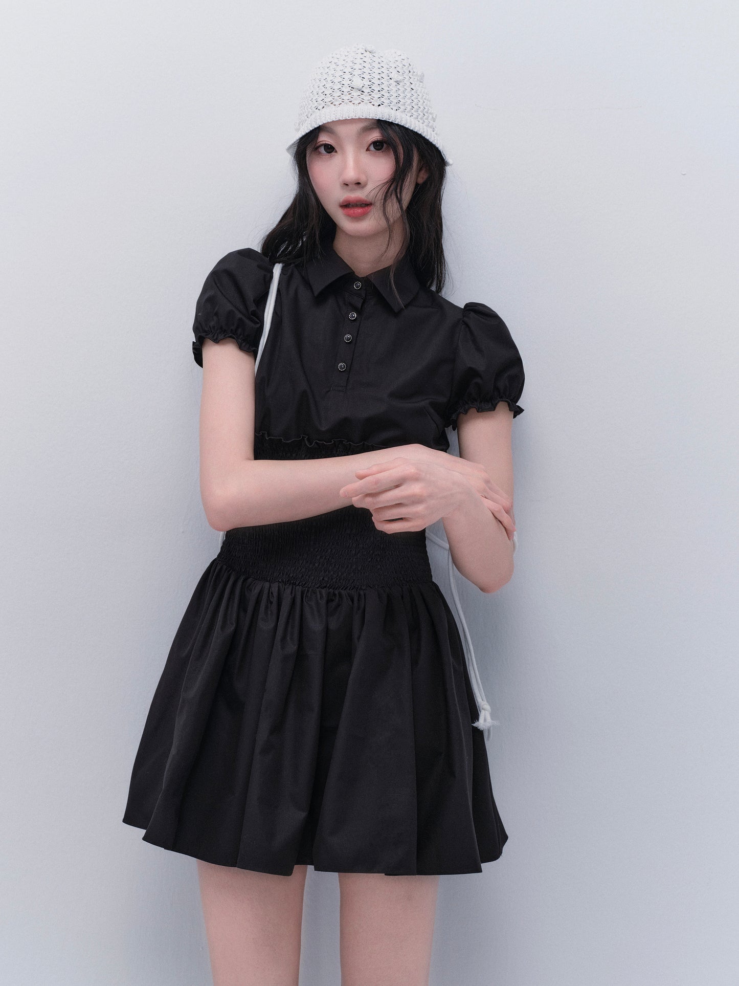 Smocked Waist Puff Sleeve Airy Shirt Dress