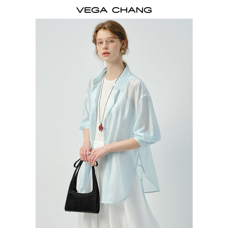 Sheer Side-Tie Shirt With 3/4 Sleeves