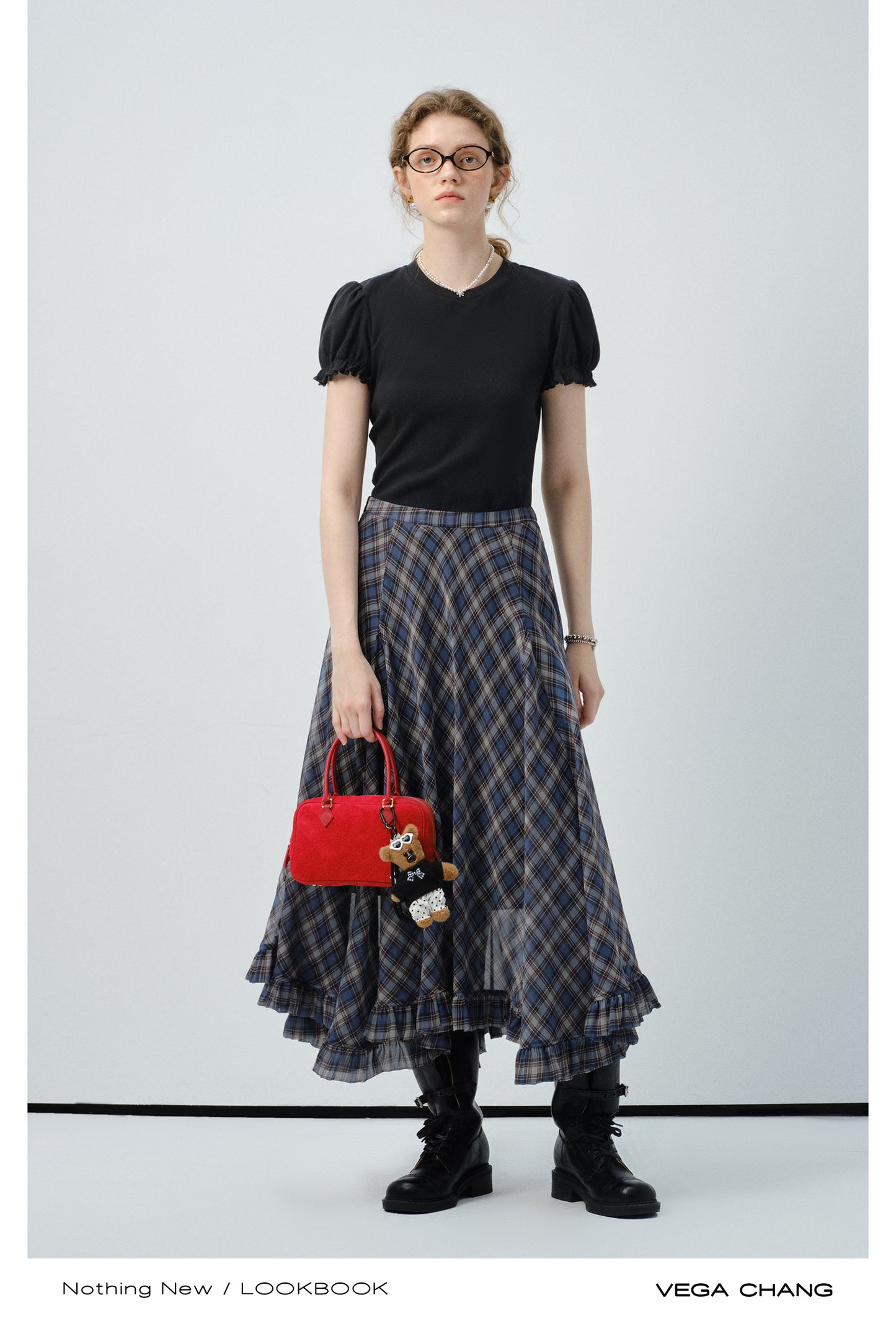 Diamond Plaid Chiffon Skirt With Asymmetric Hem