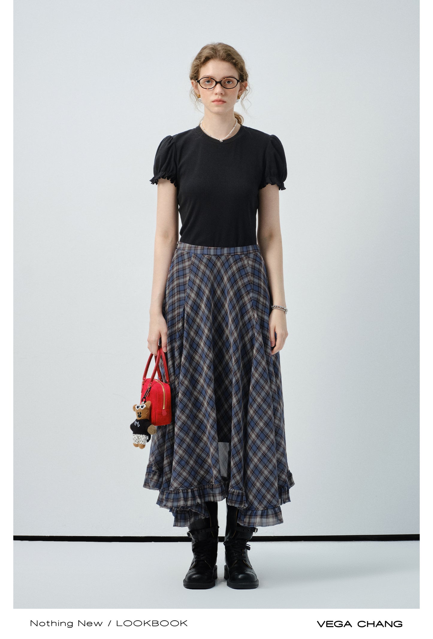 Diamond Plaid Chiffon Skirt With Asymmetric Hem